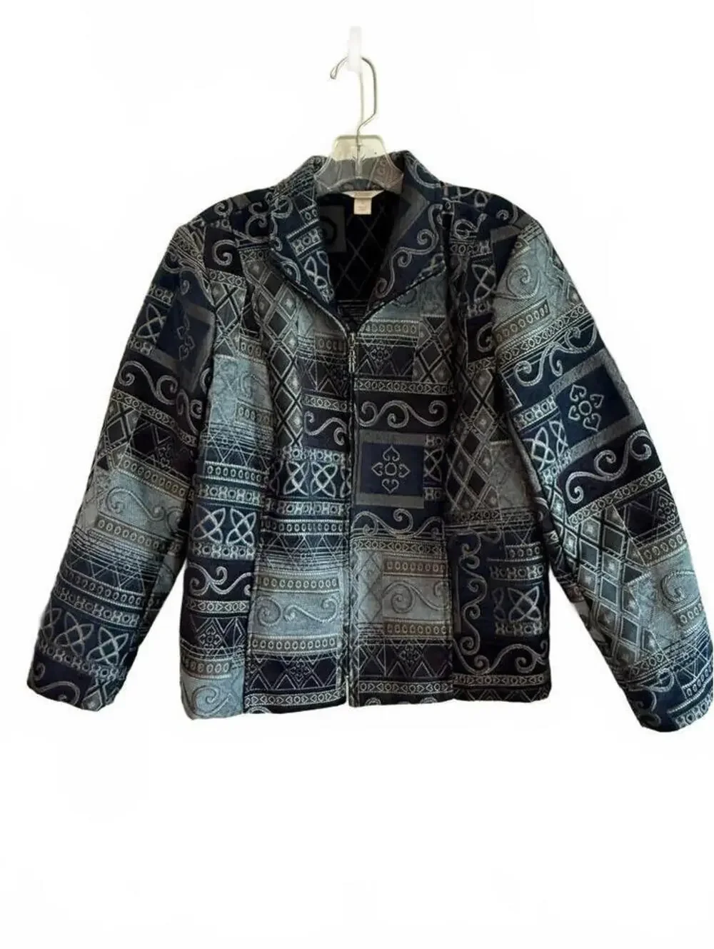 Christopher & Banks XL Tapestry Jacket Blue Geometric Patchwork Art to Wear